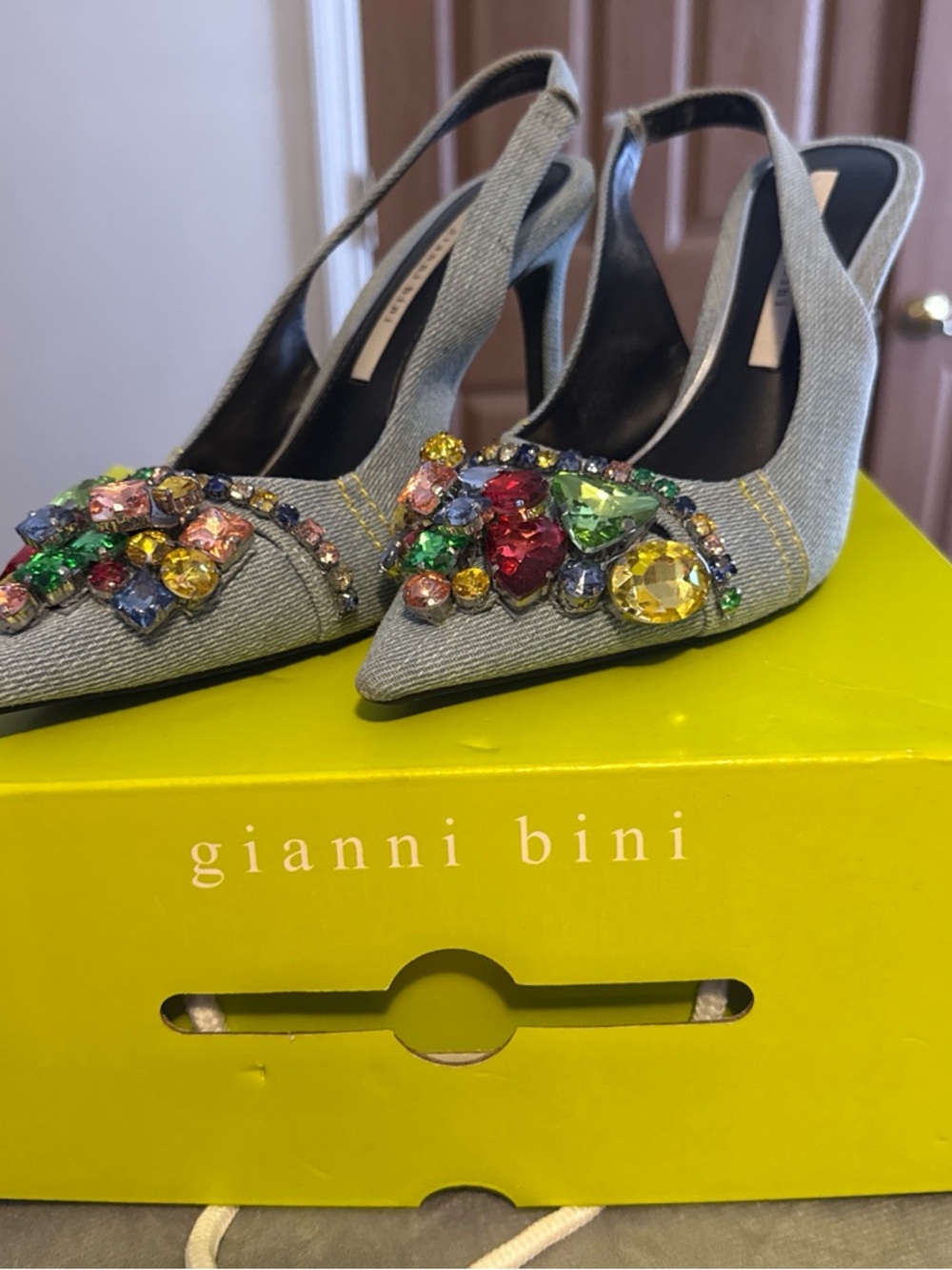 Gianni Bini Light Gray Denim Slingback Pumps with Multicolor Gem Accents